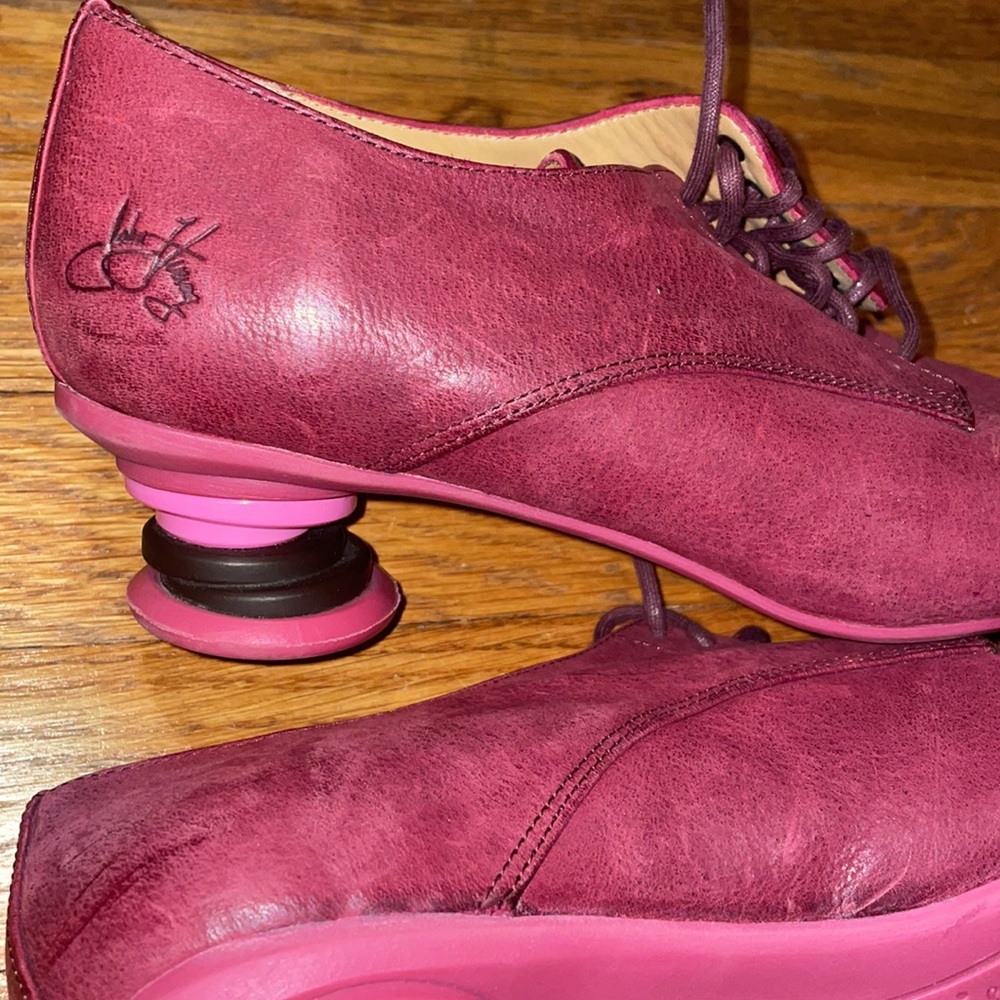 John Fluevog Raspberry Pink Leather Sculpted-Heel Oxfords